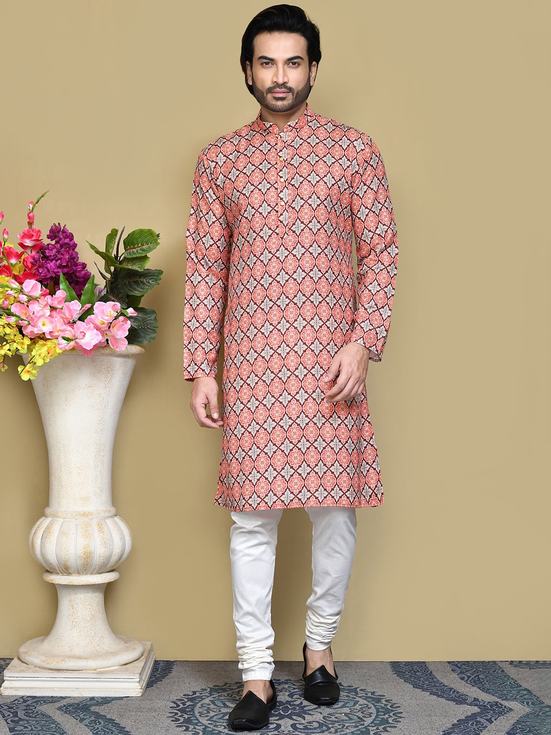 

RANAK Ethnic Motifs Printed Mendarin Collar Straight Kurta, Peach