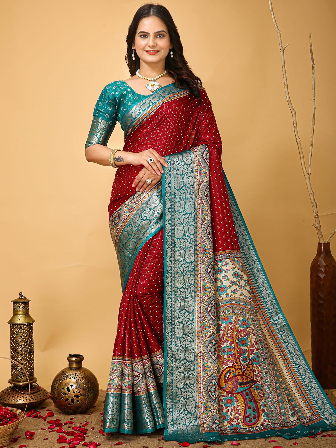 

V3 FASHION STUDIO Ethnic Motifs Zari Art Silk Banarasi Saree, Red