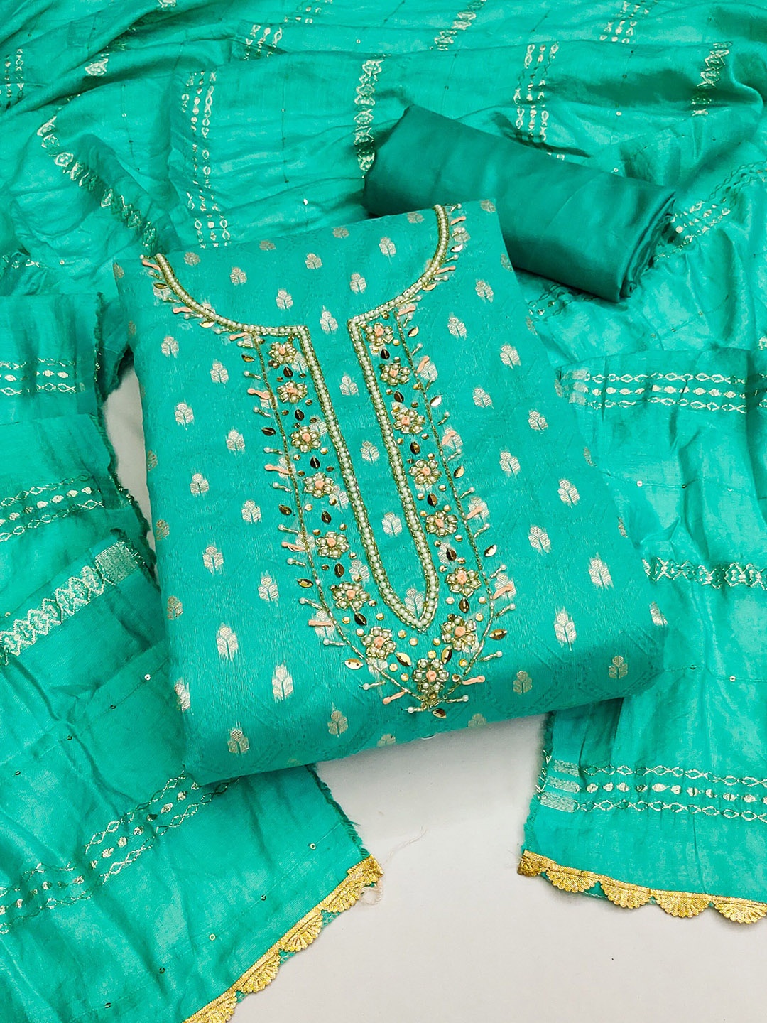 

SAINOOR Ethnic Motifs Woven Design Semi-Stitched Dress Material, Sea green