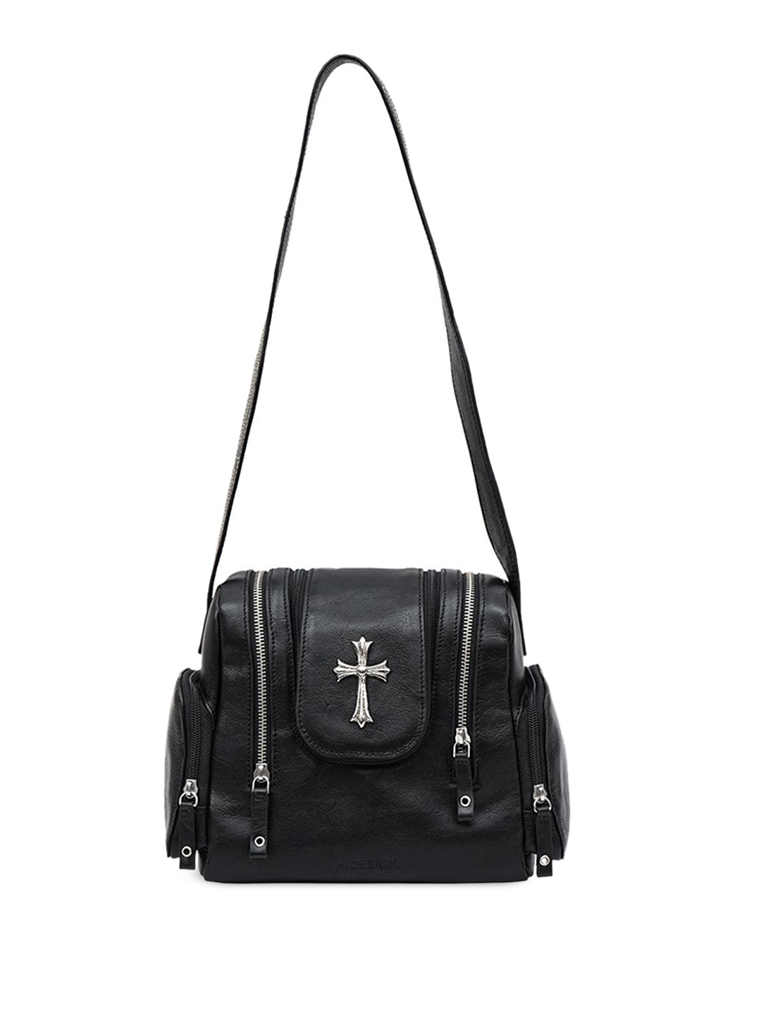 

Hidesign Leather Half Moon Shoulder Bag with Cut Work, Black