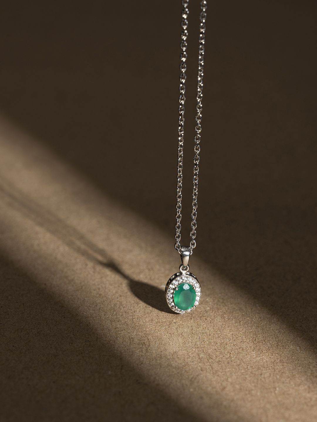 

Stone Story By Shruti 925 Sterling Silver Rhodium-Plated Oval Shaped Pendants With Chains