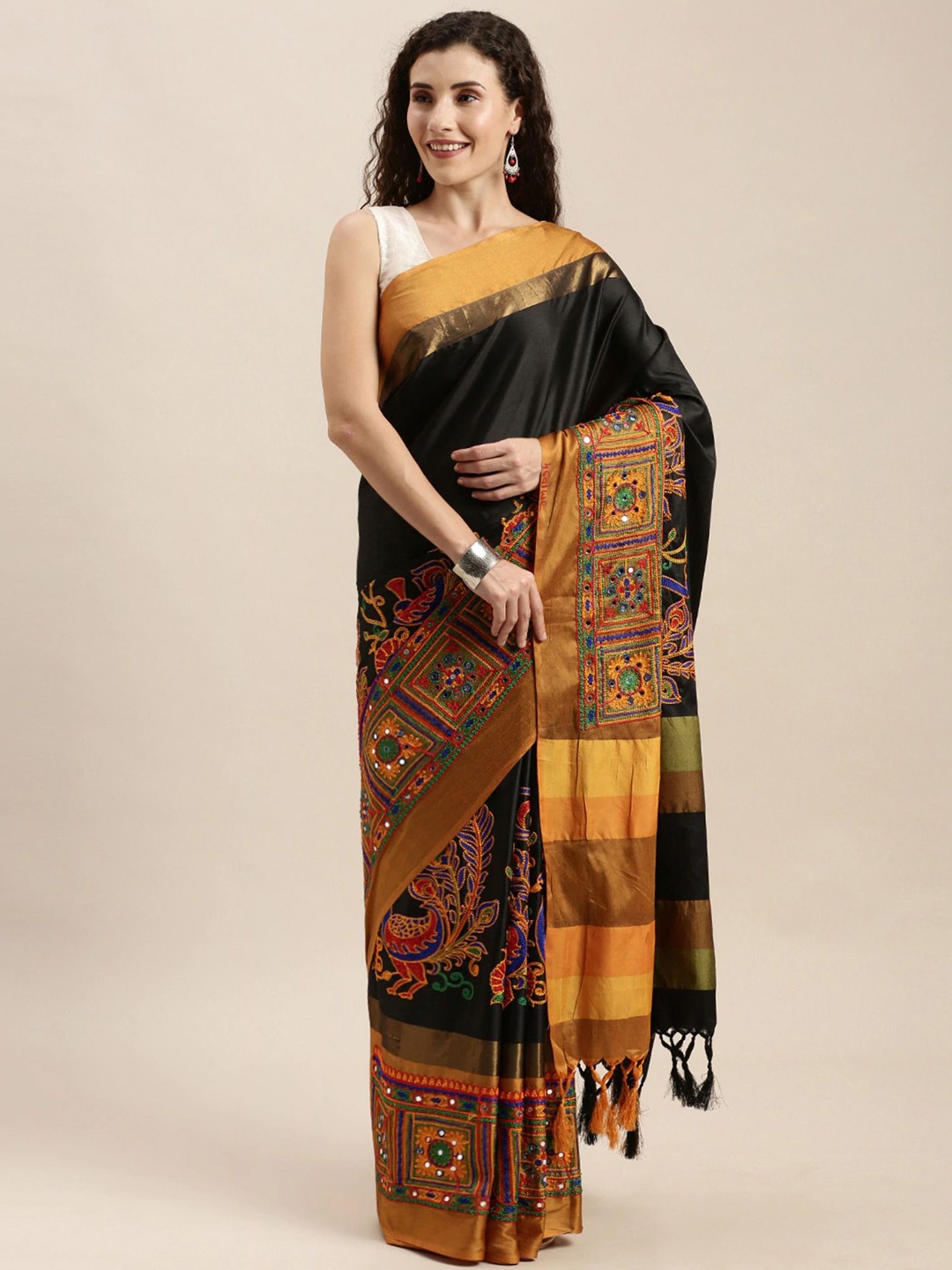 

DIVASTRI Ethnic Motifs Embroidered Silk Cotton Banarasi Saree, Black