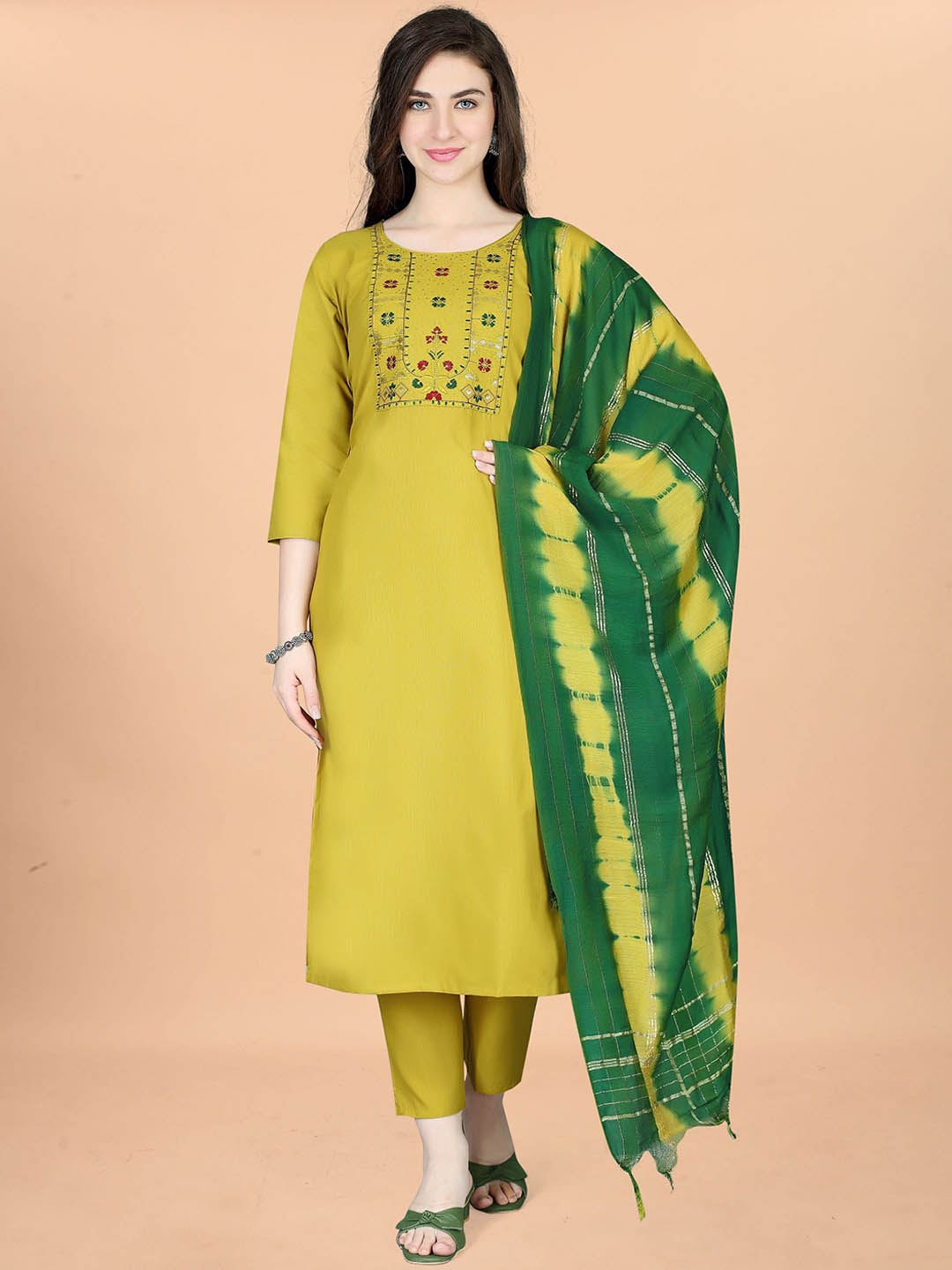 

Moda Rapido Floral Embroidered Round Neck Sequinned Straight Kurta With Trousers & Dupatta, Yellow