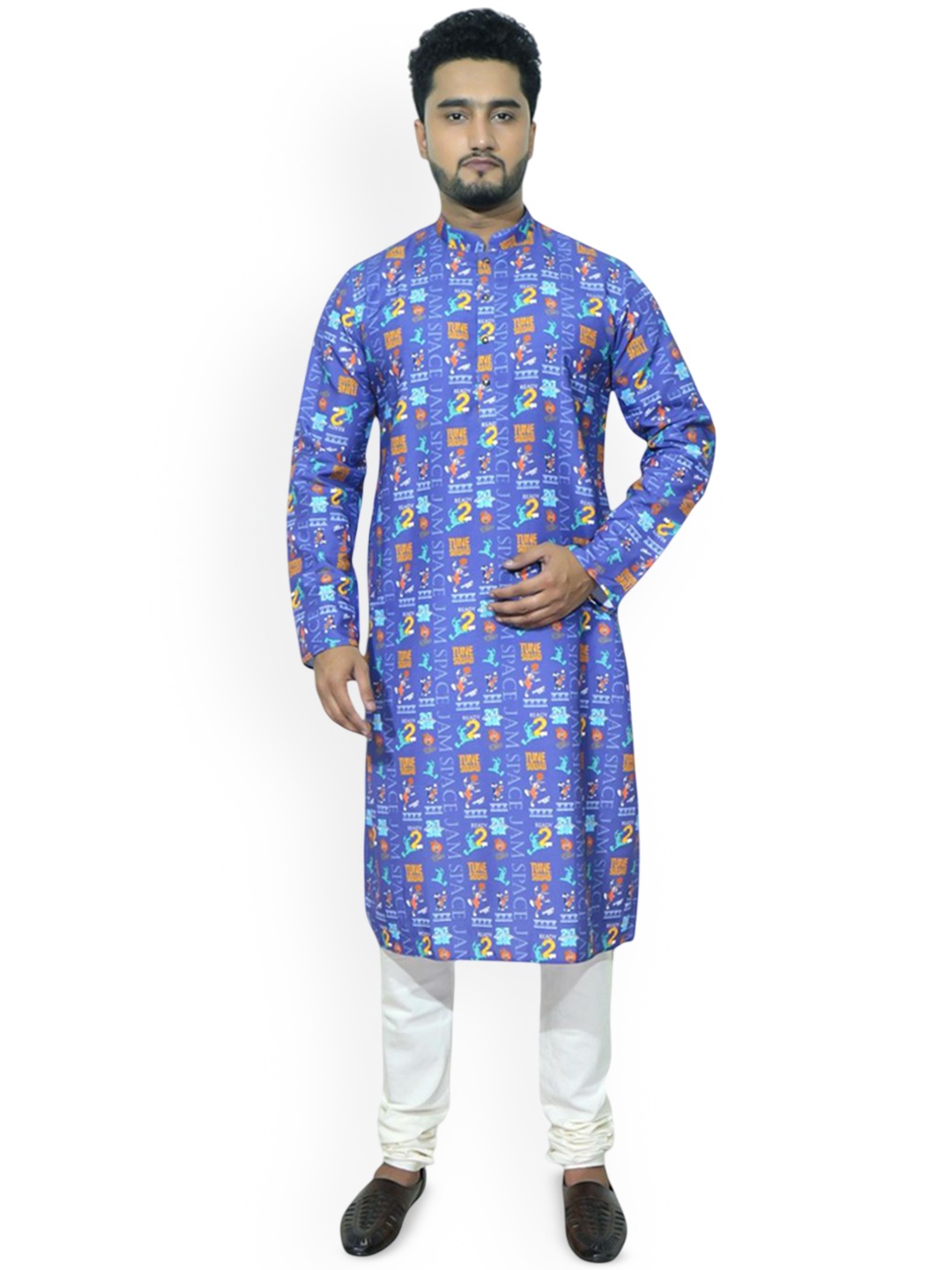 

Fabindia Quirky Printed Pure Cotton Mandarin Collar Straight Kurta, Blue