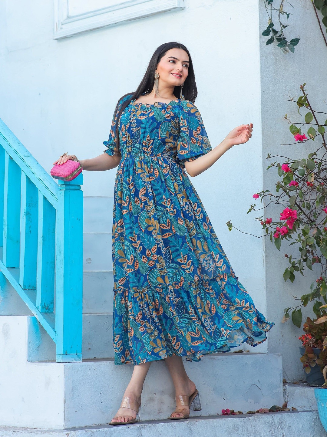 

Jash Creation Floral Print Puff Sleeve Fit & Flare Midi Dress, Blue