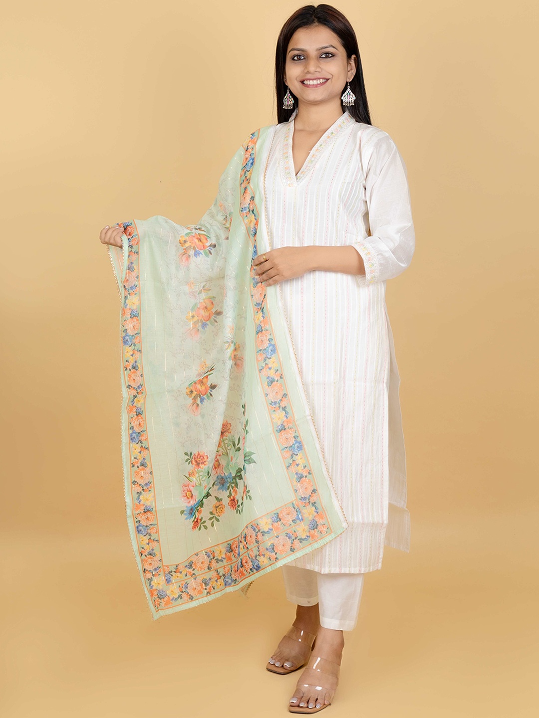 

The Kalakriti House Floral Embroidered Pure Silk Straight Kurta With Trousers & Dupatta, White