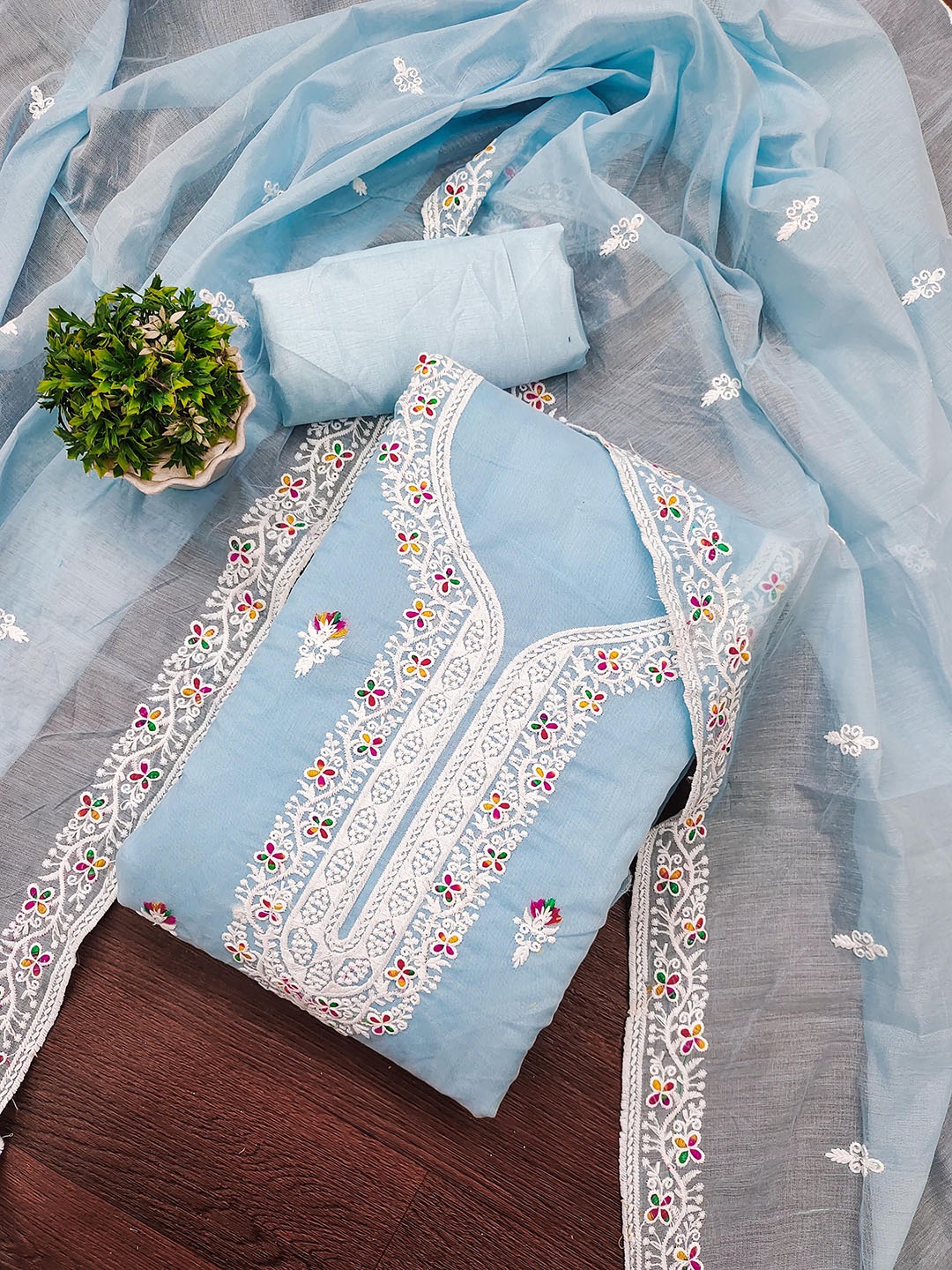 

SAINOOR Floral Embroidered Chanderi Cotton Unstitched Dress Material, Blue