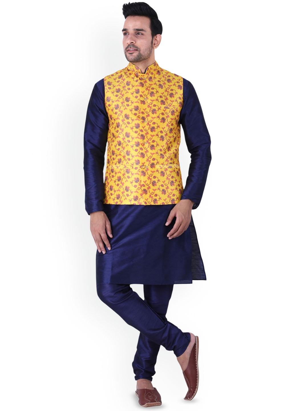 

Sadree Mandarin Collar Dupion Silk Kurta And Churidar With Nehru Jacket Set, Navy blue