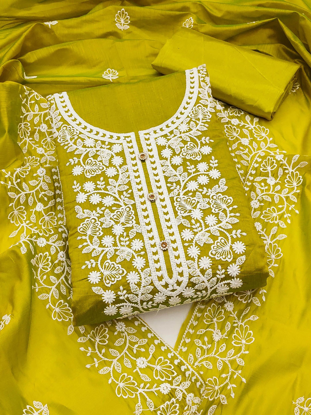 

SAINOOR Floral Embroidered Chanderi Cotton Semi-Stitched Dress Material, Lime green