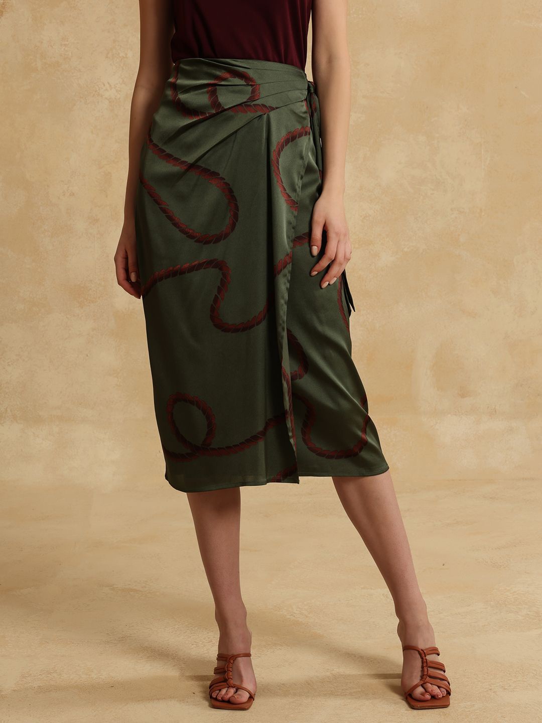 

Kazo Yana Women Printed Wrap Midi Skirts, Olive