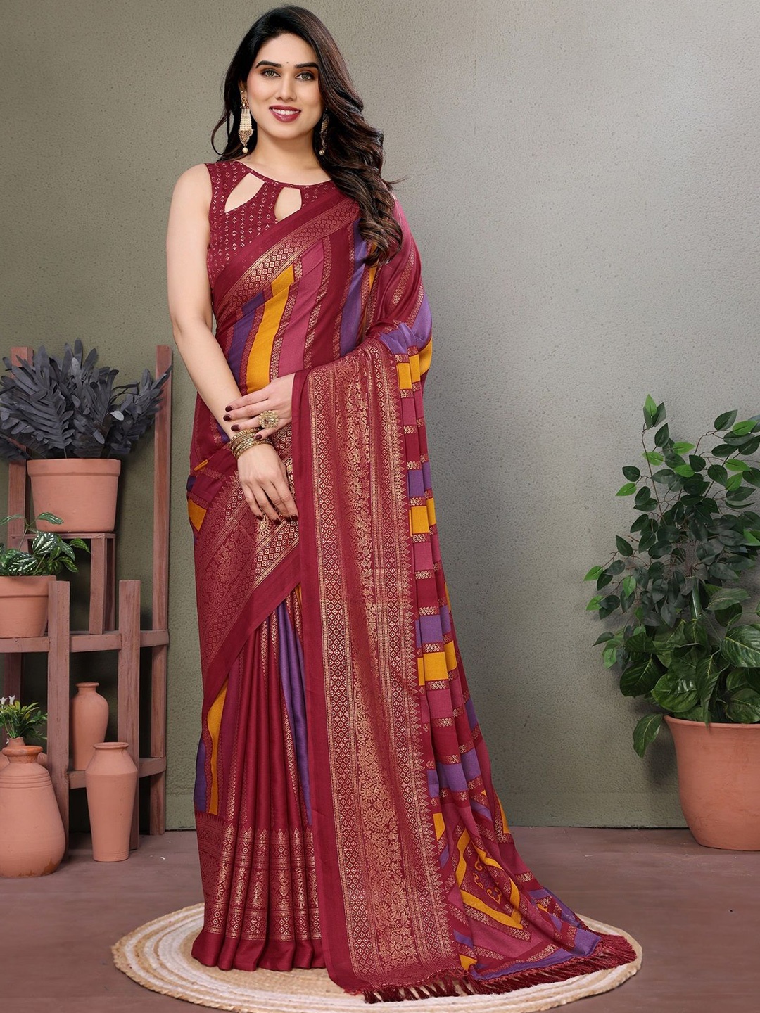 

Fashion FRICKS Striped Silk Cotton Saree, Maroon