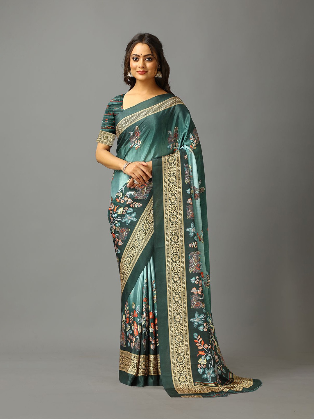 

NIRMAL CREATION Floral Pure Crepe Saree, Green