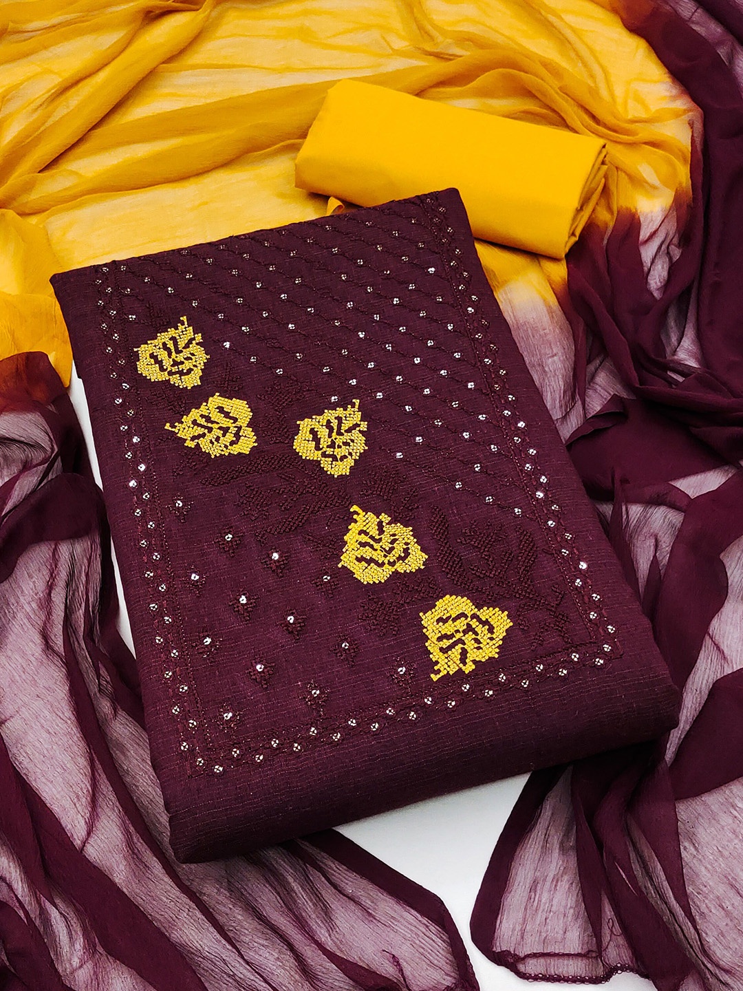 

SAINOOR Ethnic Motifs Embroidered Sequinned Pure Cotton Semi-Stitched Dress Material, Maroon