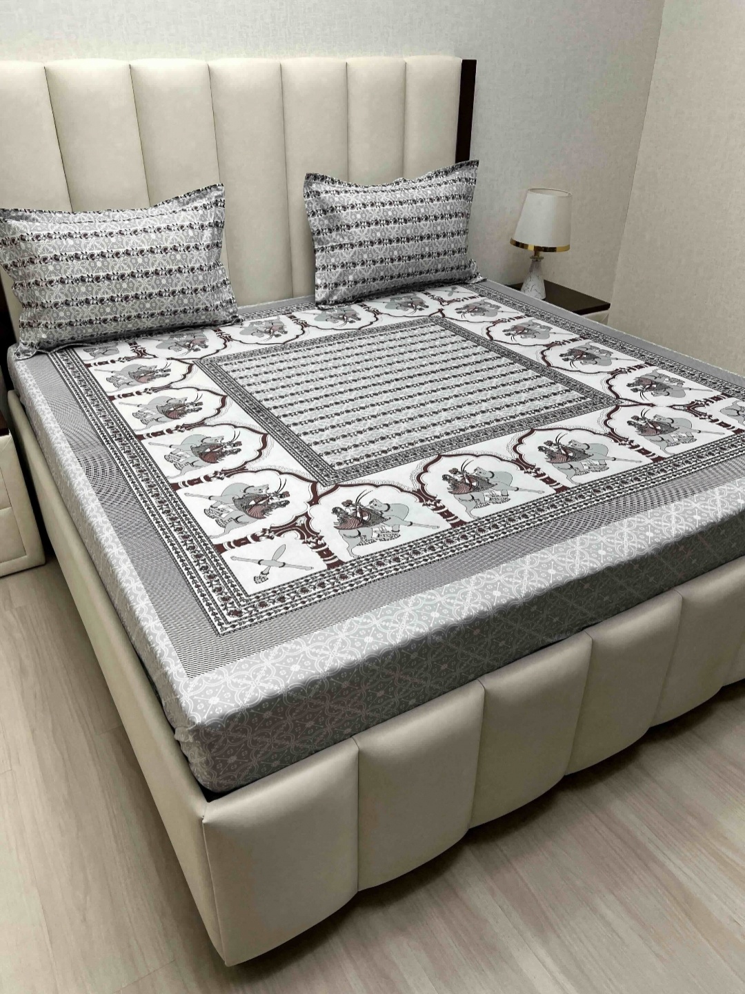 

Pure Decor Grey Ethnic Motifs Printed 380 TC Cotton King Bedsheet Set 2.74 m x 2.74 m