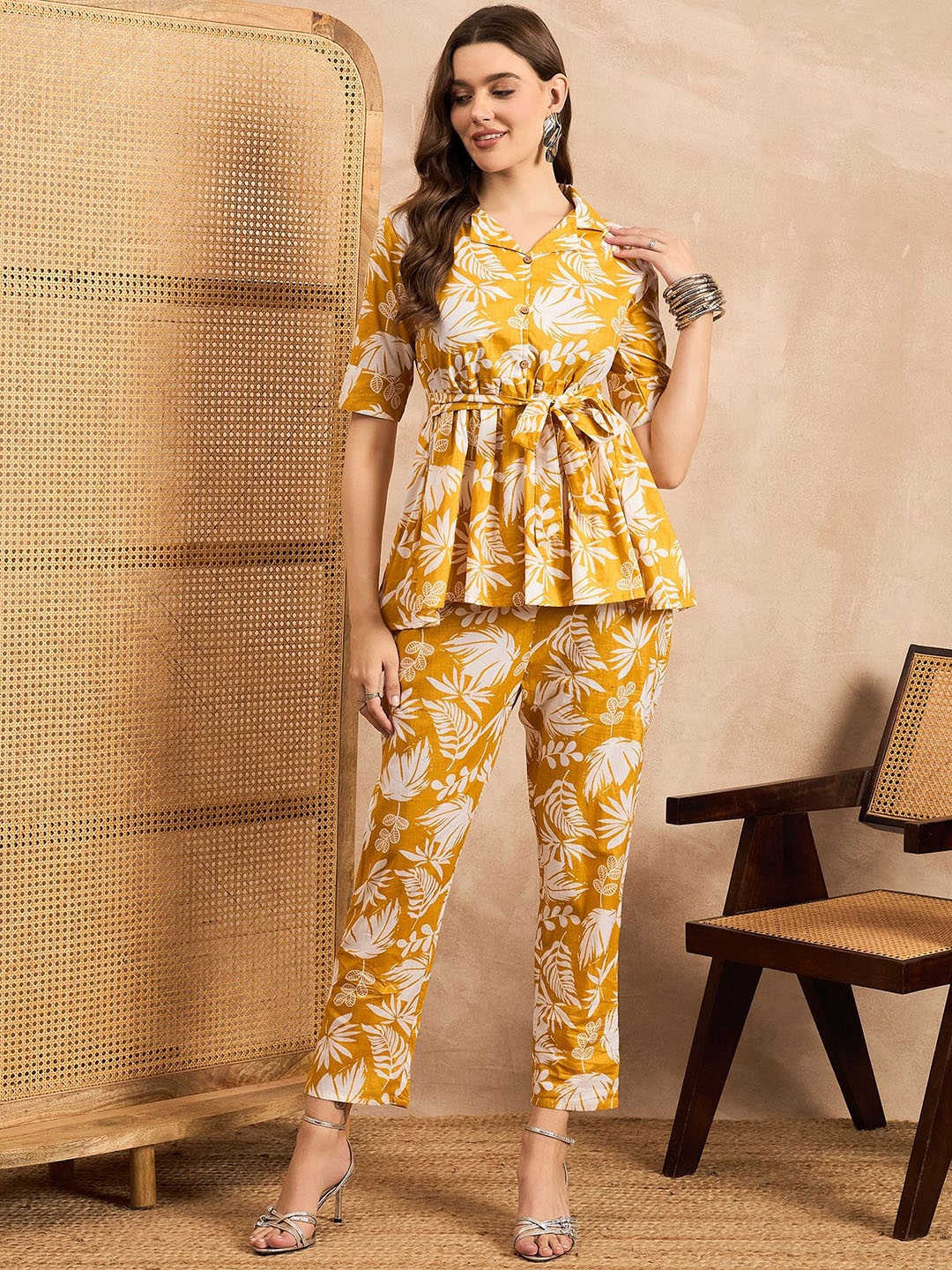 

ZITRA Floral Printed Pure Cotton Short Tunic & Trouser Co-Ord Set, Mustard