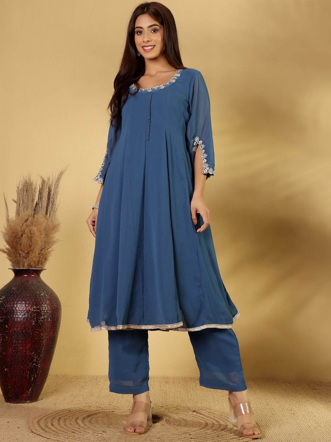 

House of Pataudi Embroidered Kurta With Trouser And Dupatta, Blue