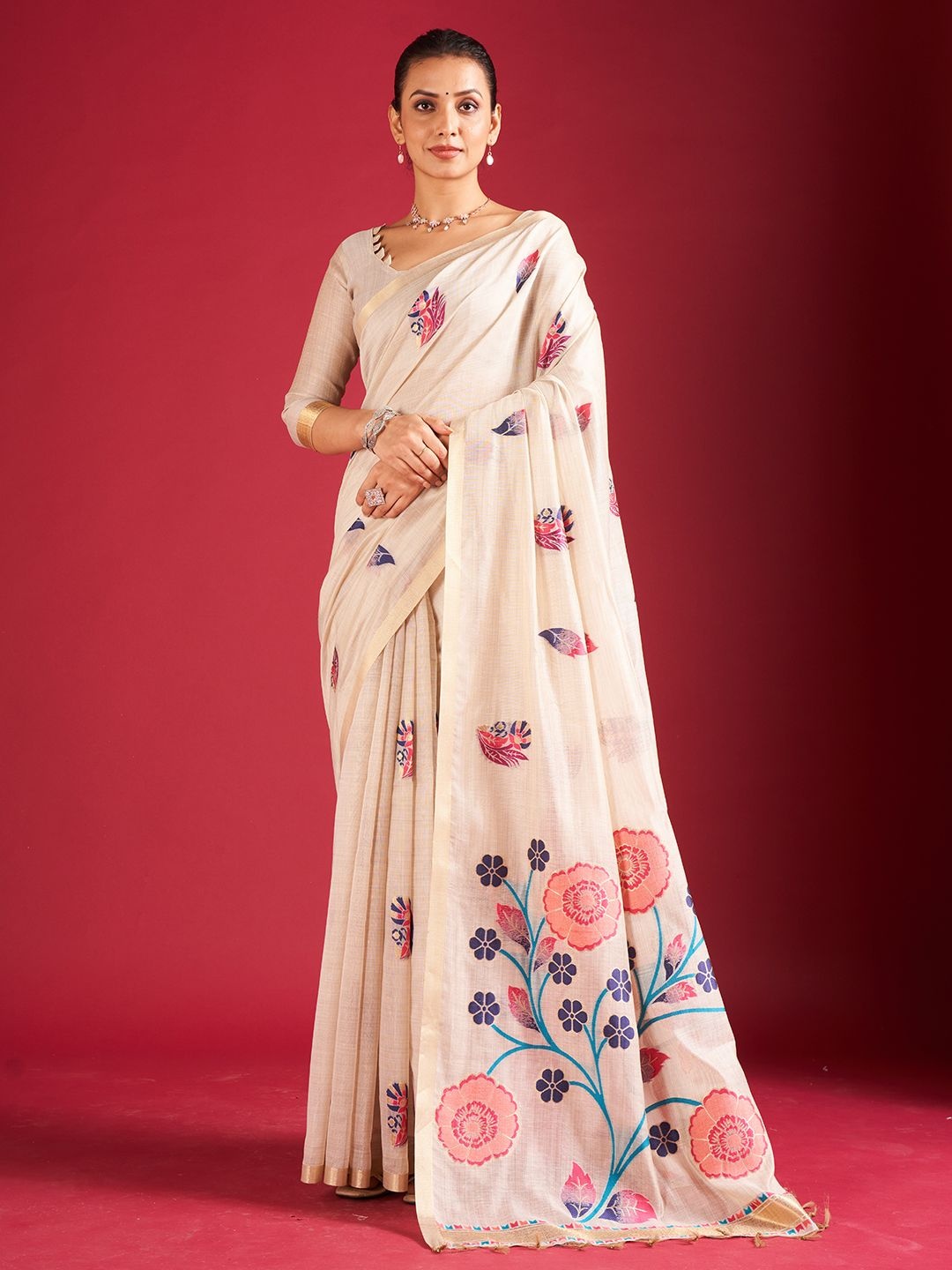 

SARHAFloral Zari Chanderi Saree, Blue