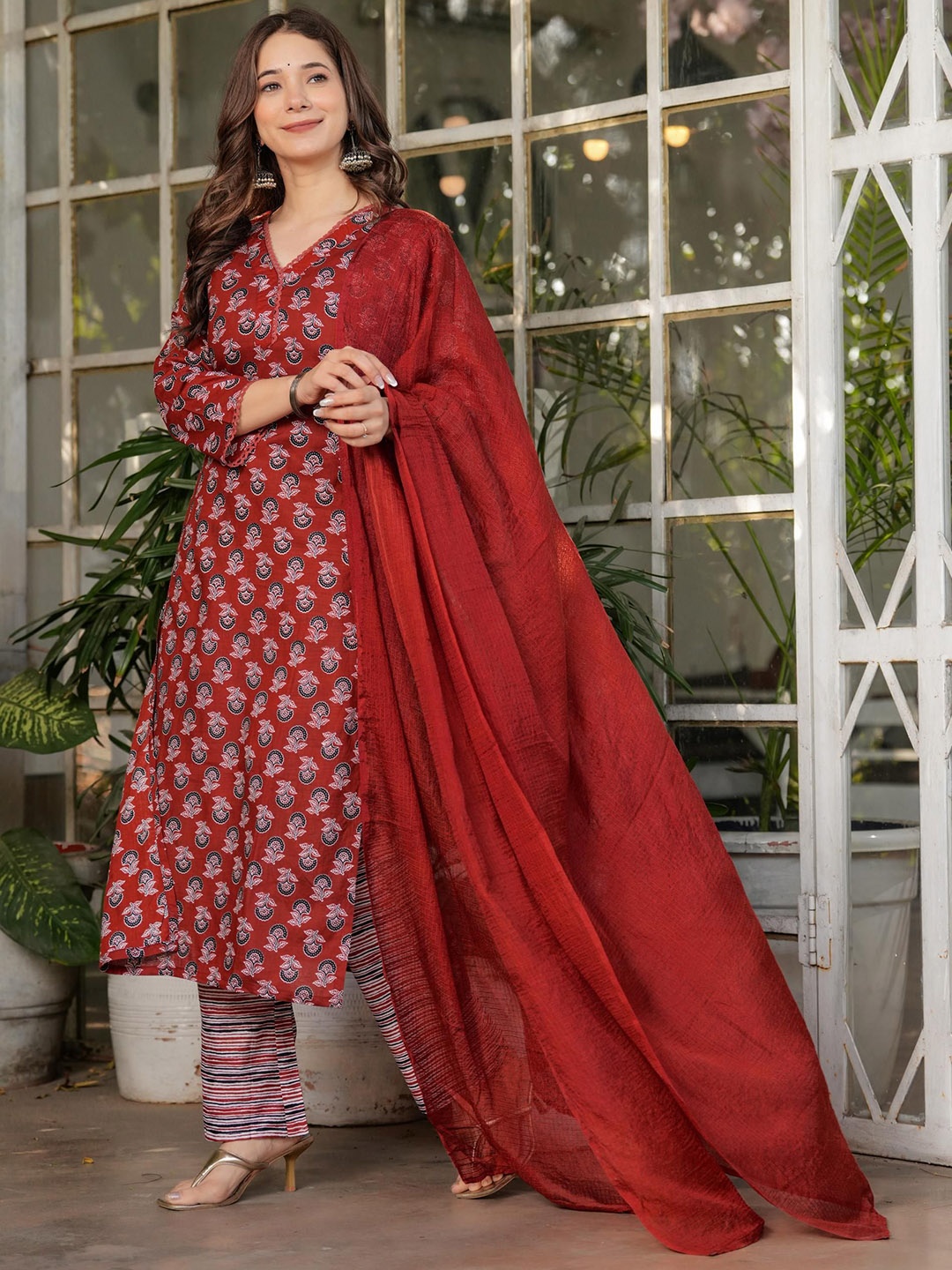 

THE52 Floral Printed V-Neck Pure Cotton Straight Kurta With Trousers & Dupatta, Red