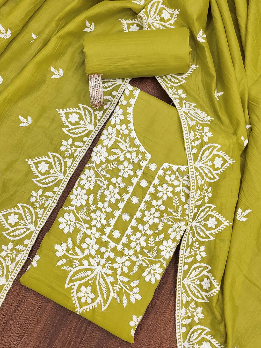 

SAINOOR Embroidered Pure Cotton Semi-Stitched Dress Material, Lime green