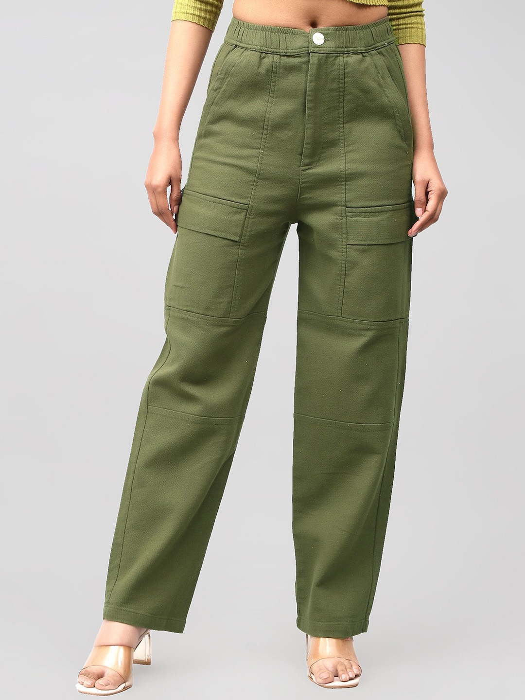 

BLUEBIRD Women Relaxed Loose Fit High-Rise Easy Wash Cargos Trousers, Olive