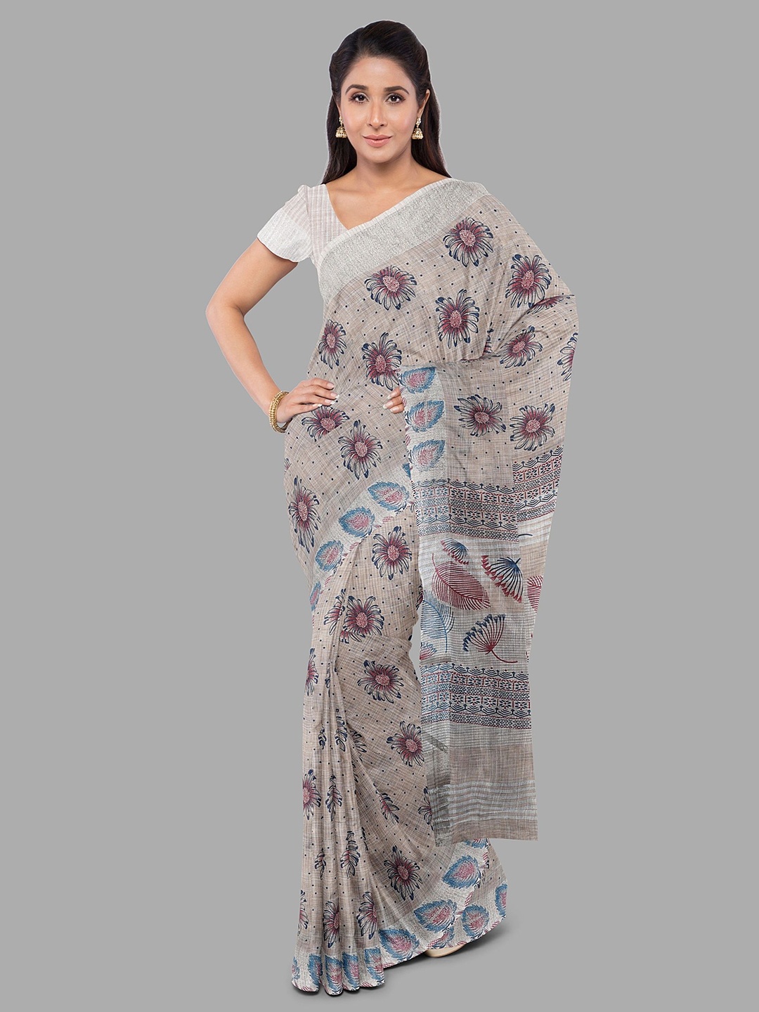 

The Chennai Silks Floral Linen Blend Bhagalpuri Saree, Brown