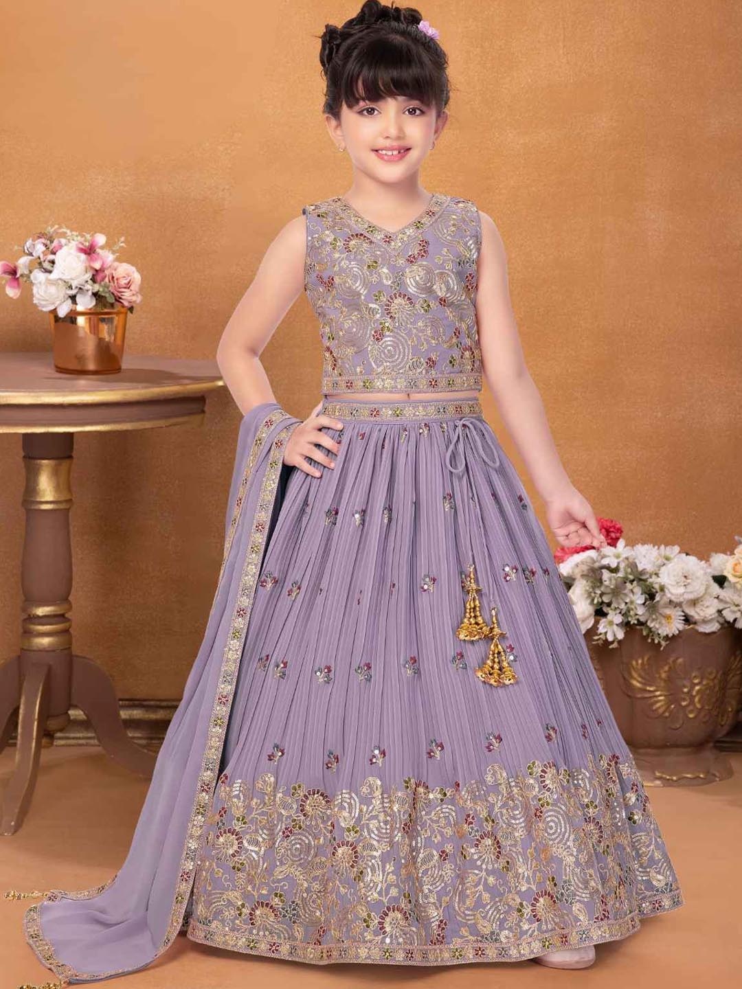 

Lagorii Luxe Girls Embroidered Ready to Wear Lehenga & Blouse With Dupatta, Lavender