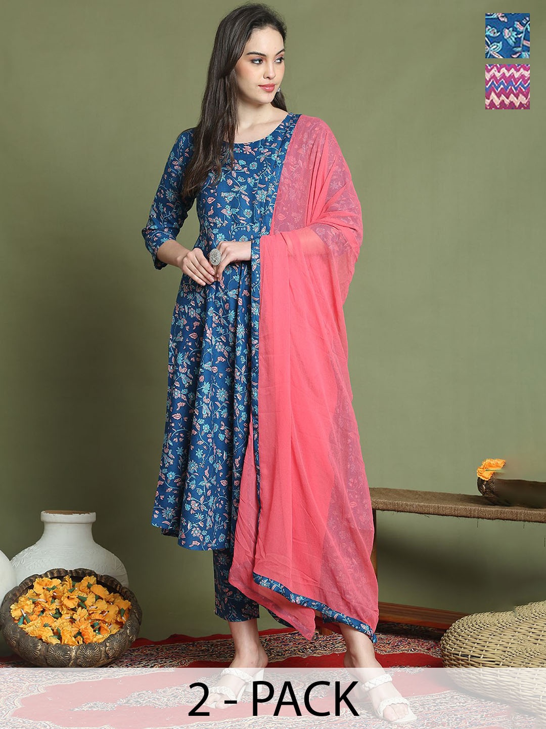 

Roly Poly Slection Of 2 Floral Printed A Line Kurta with Trousers & Dupatta, Blue
