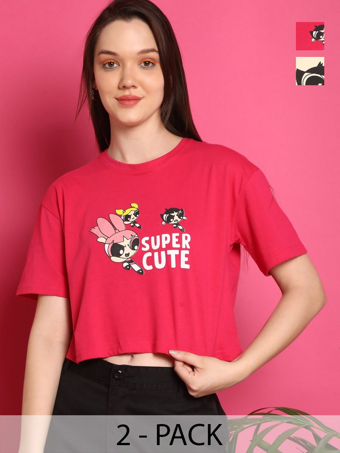 

Dreambe Women Pack of 2 Graphic Printed Round Neck Cotton Boxy T-shirts, Pink