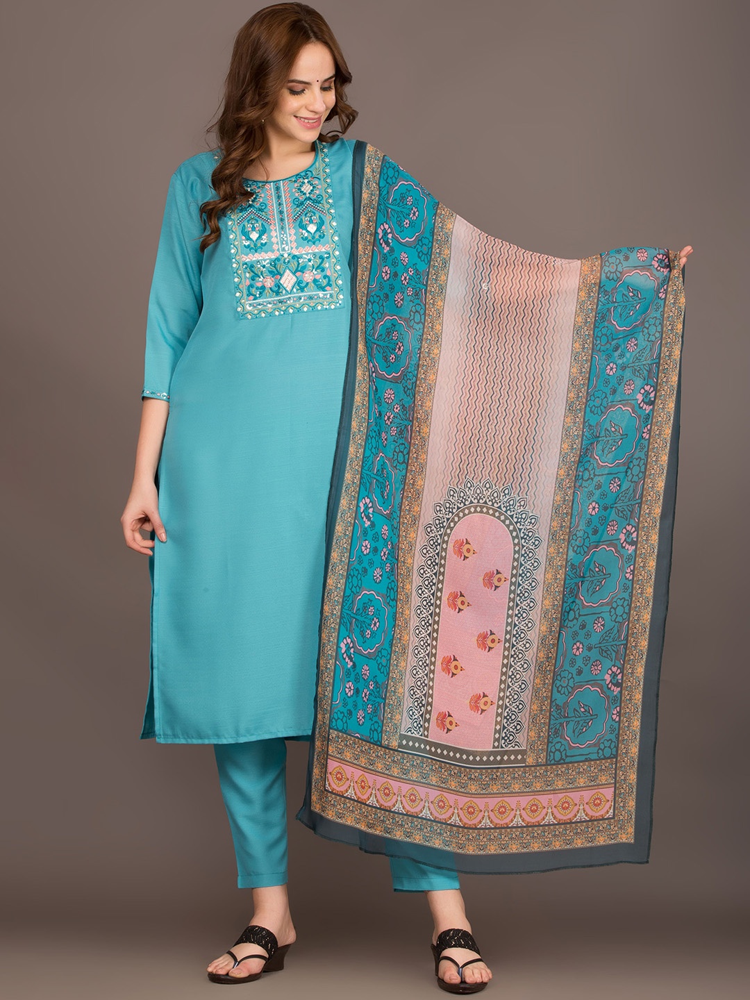 

SURMEDANI Floral Embroidered Thread Work Straight Kurta With Trousers & Dupatta, Blue