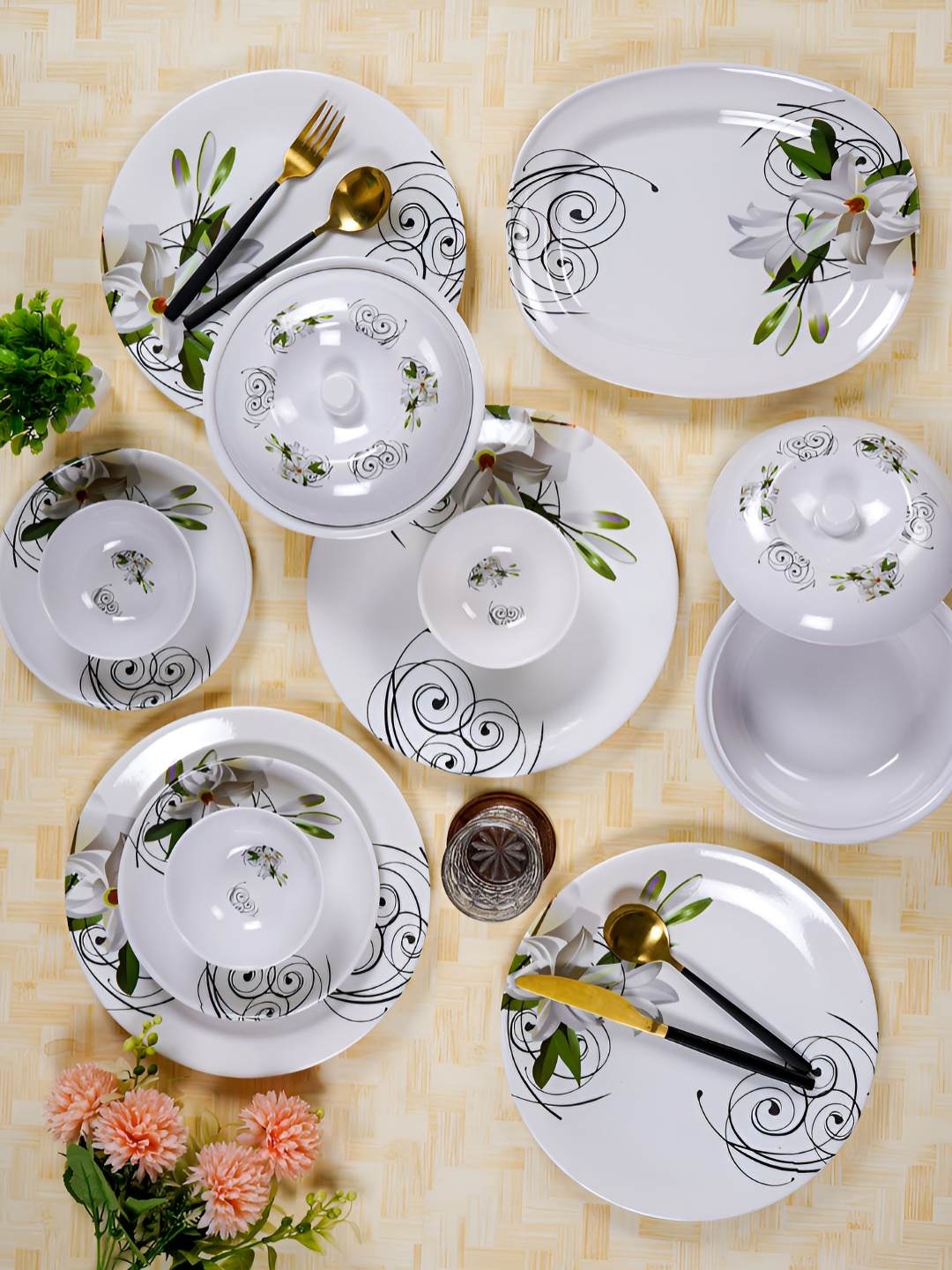 

CDI White 34 Pieces Floral Printed Melamine Dishwasher Glossy Dinner Set