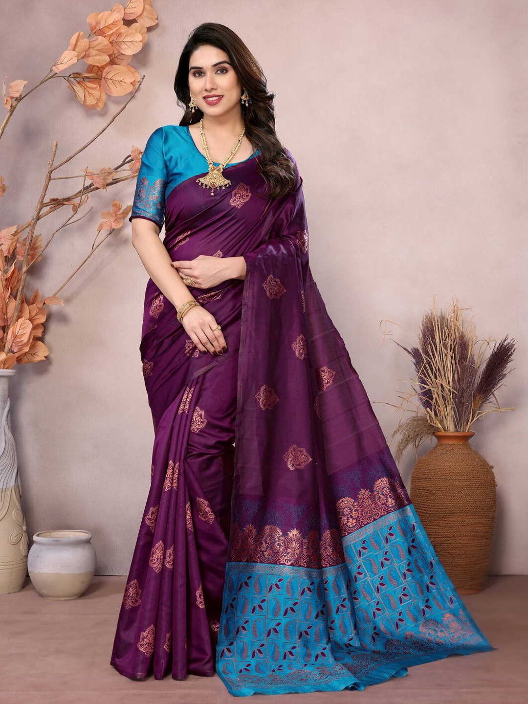 

PEORA'S CLOSET Ethnic Motifs Silk Blend Banarasi Saree, Purple