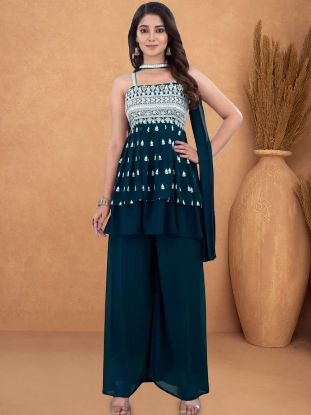 

PARROT CREATION Floral Embroidered Georgette A-Line Kurti With Palazzos And Dupatta, Teal