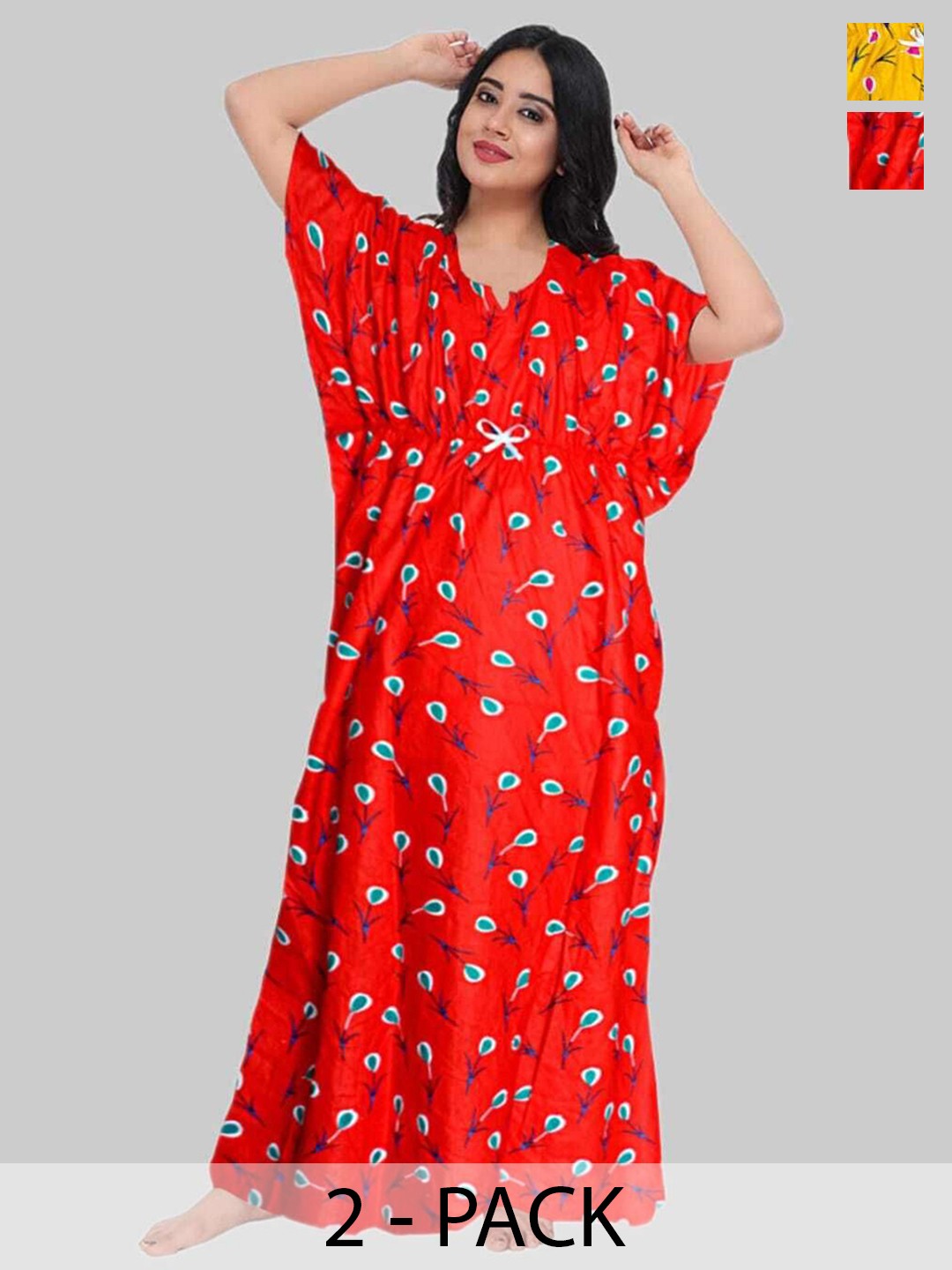 

PR PINK ROYAL Women Pack of 2 Printed Pure Cotton Kaftan Nightdress, Red