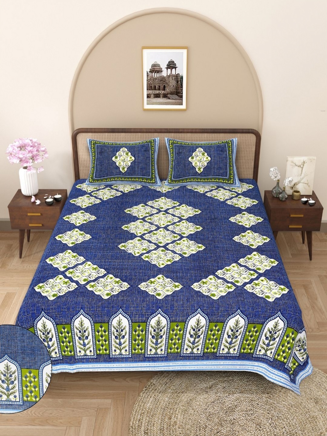 

Butea Crape Navy Blue & Beige Floral Printed Cotton 144 TC King Bedsheet Set 2.40m x 2.15m