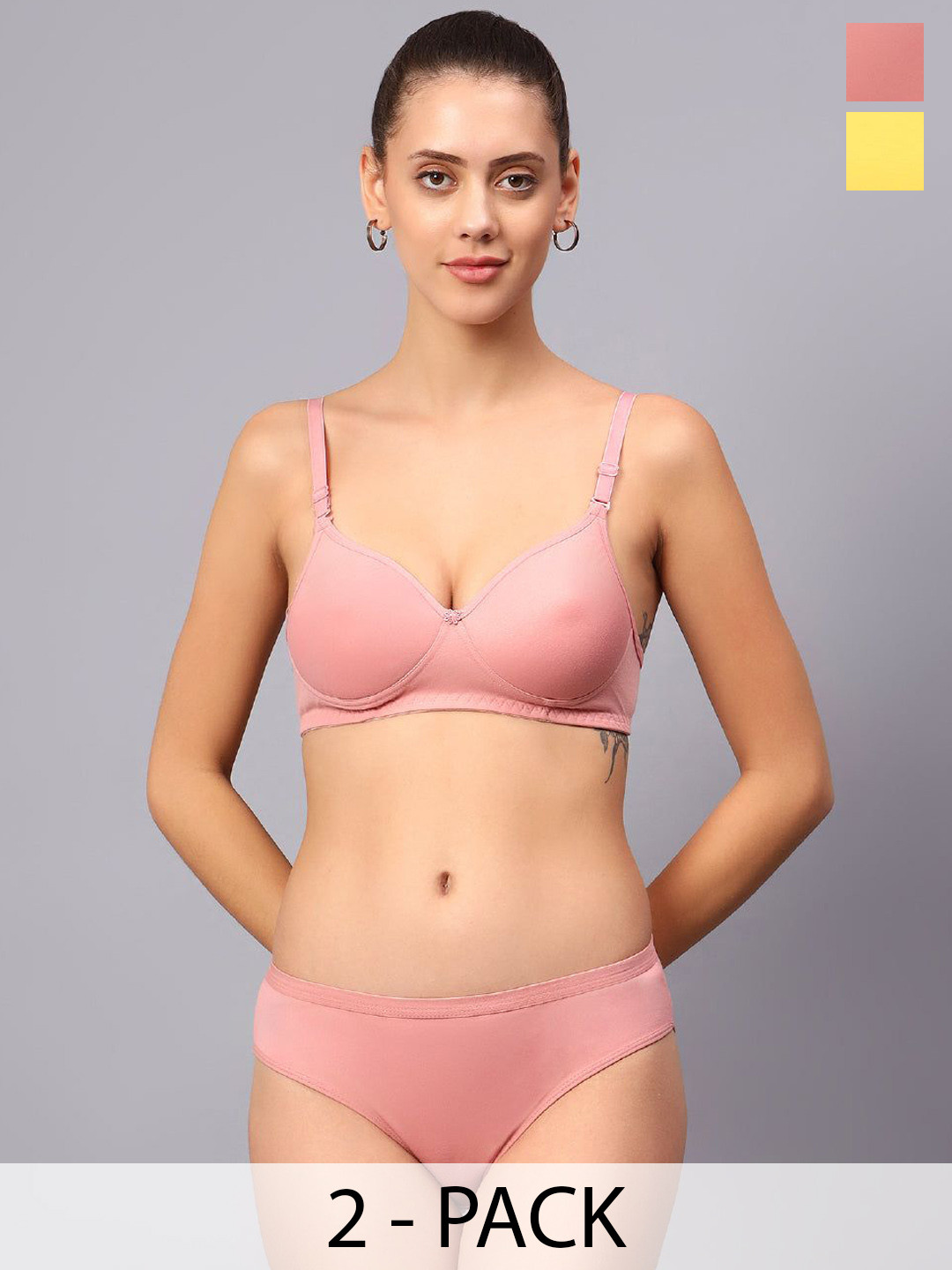 

Designer Bugs Pack Of 2 Cotton Non Padded Non Wired Lingerie Set NPLS-Y-RG-30B, Yellow