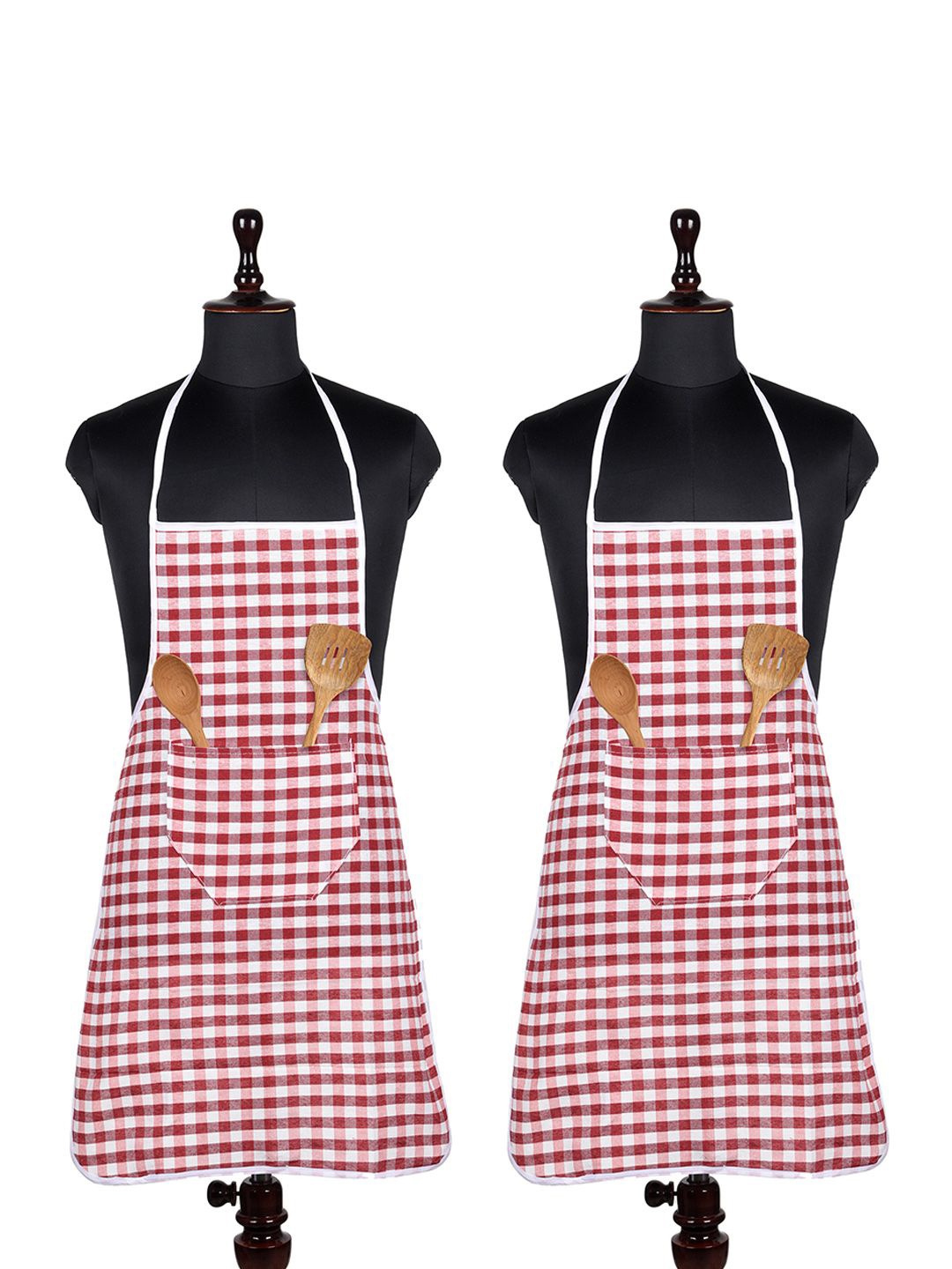 

Kuber Industries Red & White 2 Pieces Checked Cotton Front Pocket Aprons