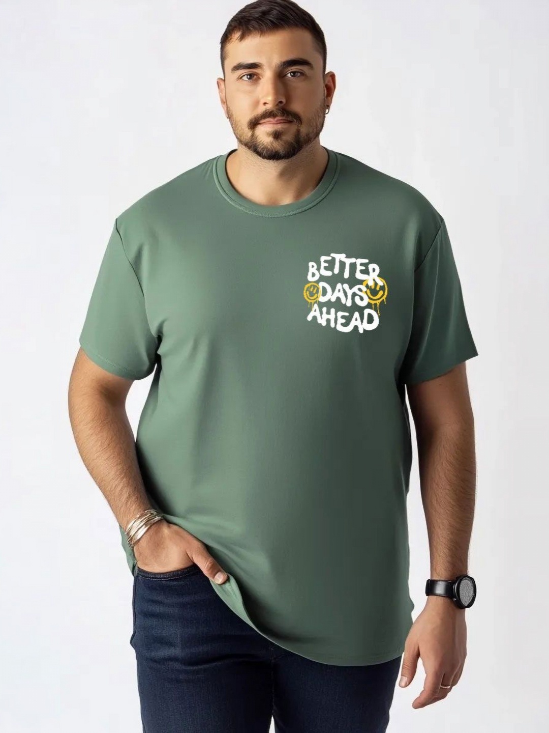 

Toodle Plus Plus Size Graphic Printed Round Neck Pure Cotton T-Shirt, Green