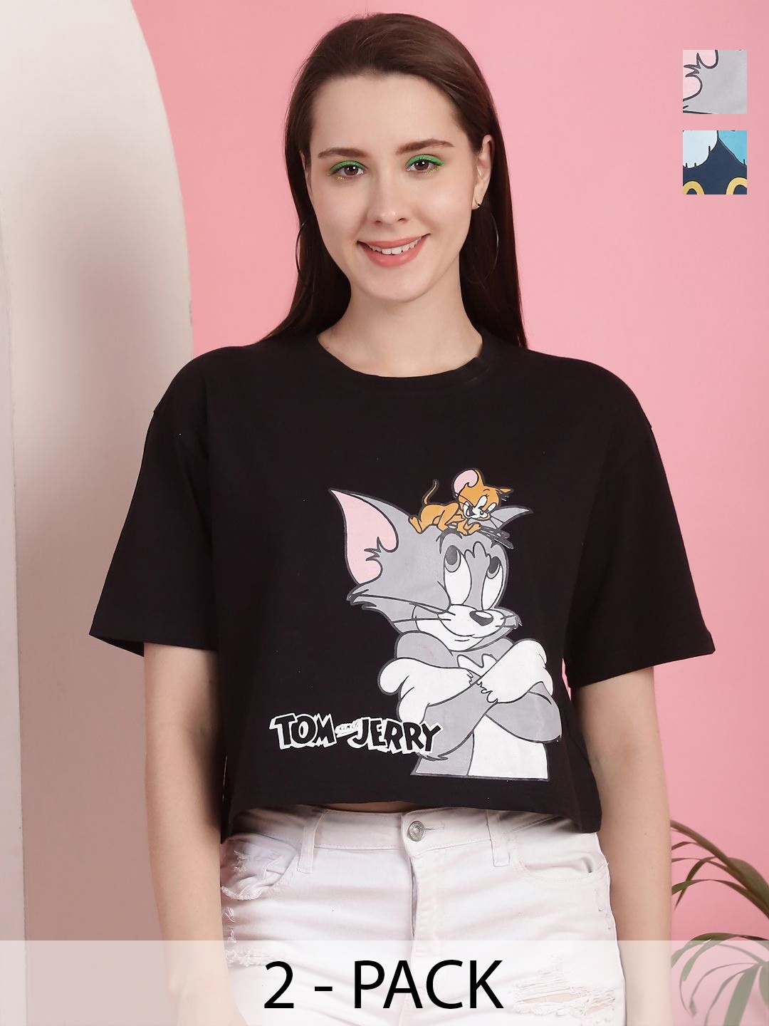 

Dreambe Women Pack of 2 Tom & Jerry Graphic Printed Round Neck Cotton Boxy T-shirts, Black
