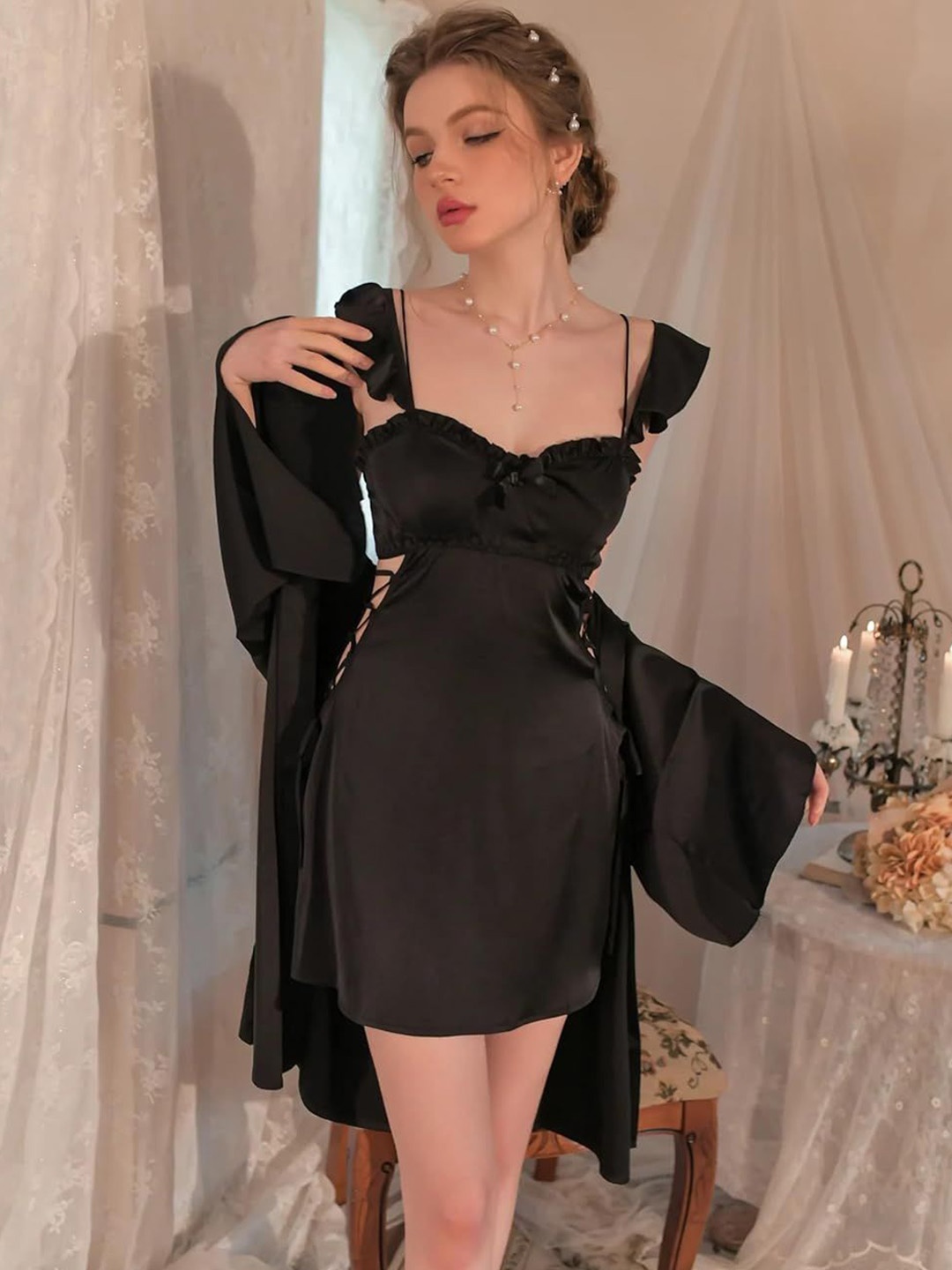 

Dreambe Square Neck Nightdress With Robe, Black