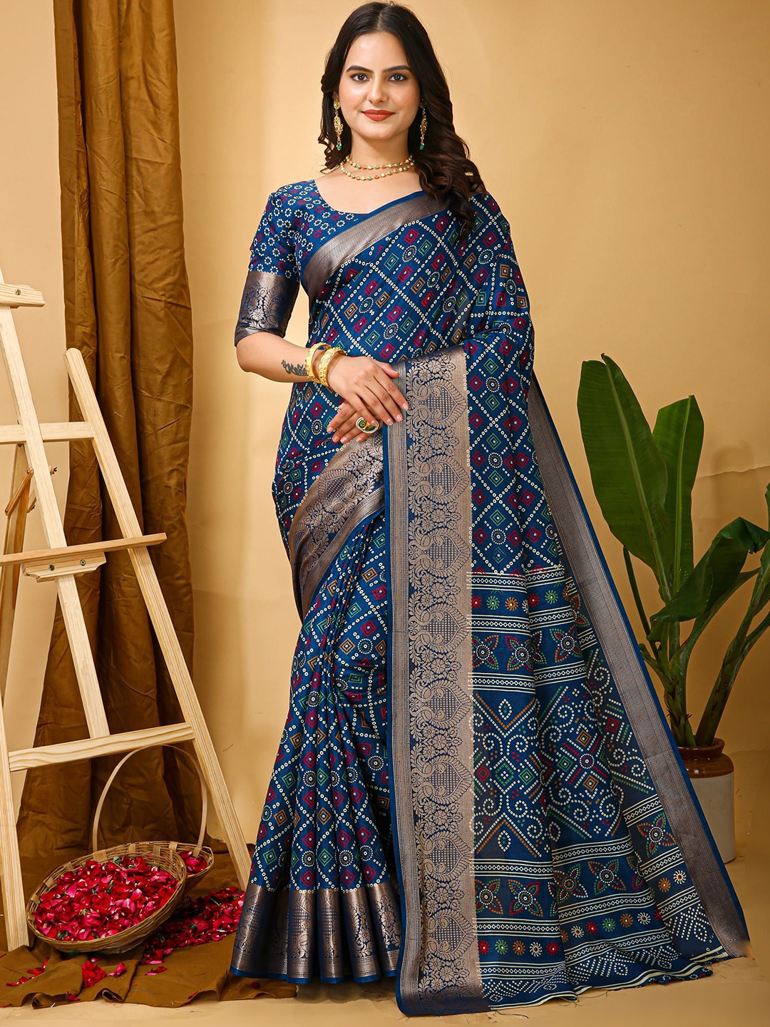 

V3 FASHION STUDIO Ethnic Motifs Zari Art Silk Banarasi Saree, Blue