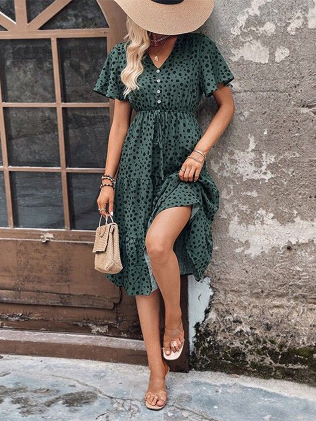 

HERE&NOW Animal Print Flutter Sleeve Fit & Flare Dress, Green