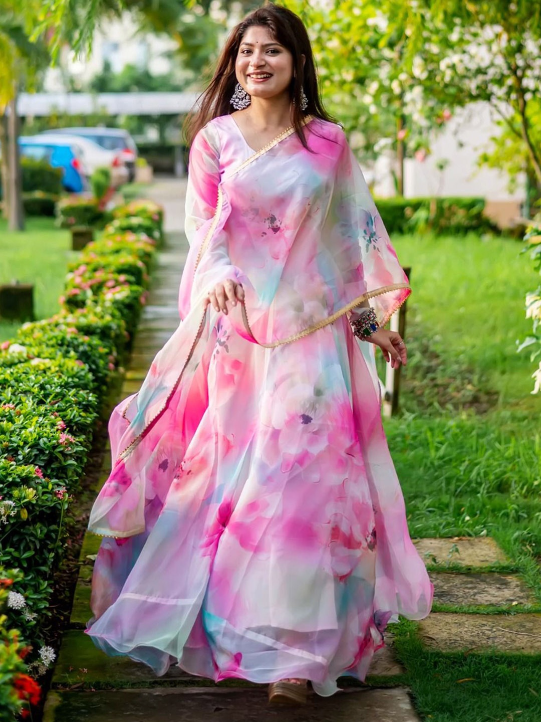 

Rinbin Floral Printed Maxi Fit & Flared Ethnic Dress With Dupatta, Pink