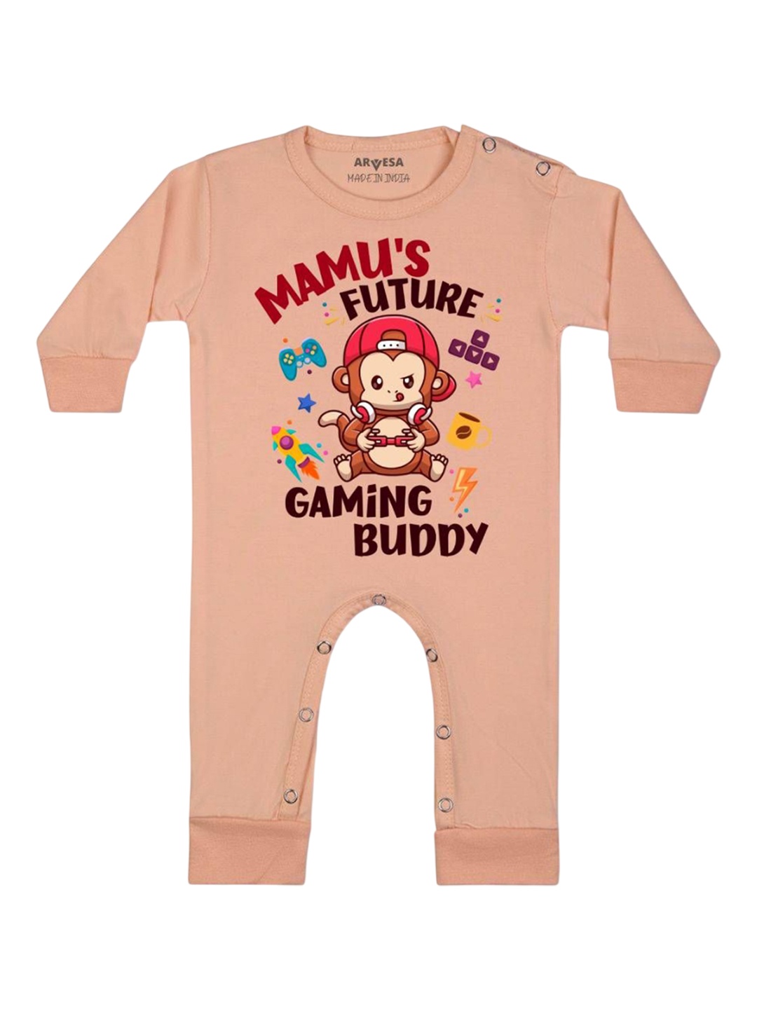 

Arvesa Kids Mamu Future Gaming Buddy Printed Baby Romper, Peach