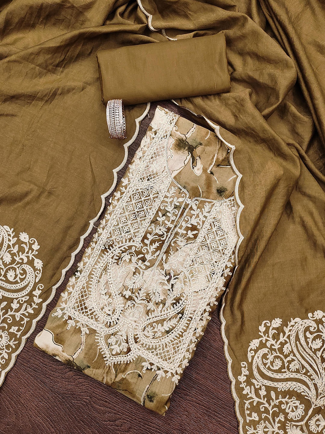 

SAINOOR Printed Semi-Stitched Dress Material, Coffee brown