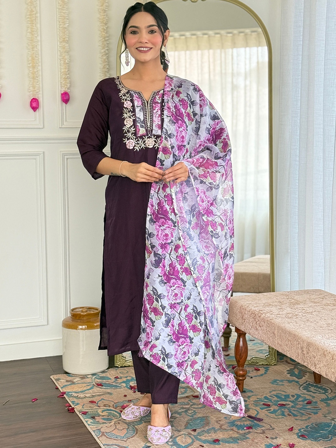 

KALINI Women Floral Yoke Design Regular Kurta with Trousers & With Dupatta, Purple