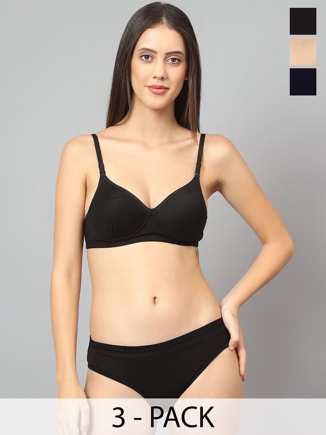 

Designer Bugs Pack Of 3 Cotton Non Padded Non Wired Lingerie Set NPLS-B-NB-PH-30B, Black