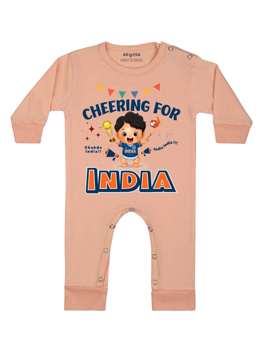 

Arvesa Kids Cheering For India Printed Baby Romper, Peach
