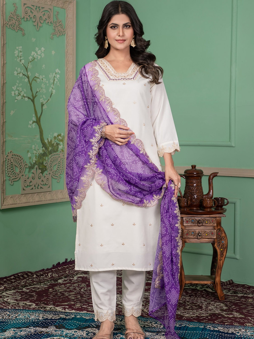 

NIZA FASHION Women Embroidered Regular Kurta with Trousers & With Dupatta, White