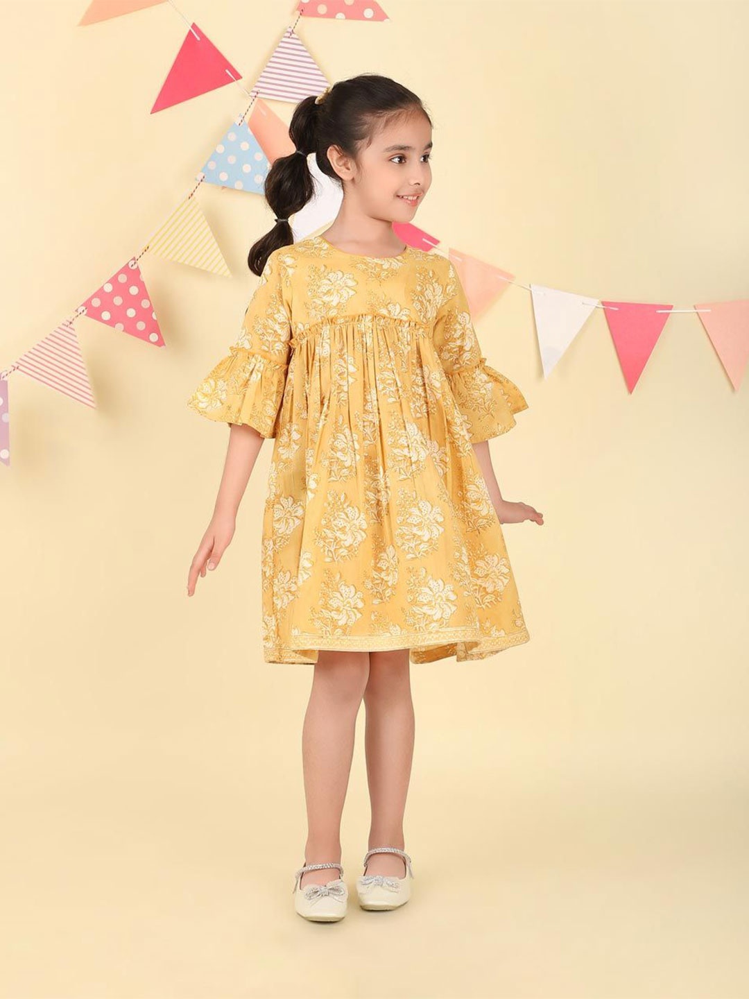 

Fabindia Floral Print Bell Sleeve Fit & Flare Dress, Yellow