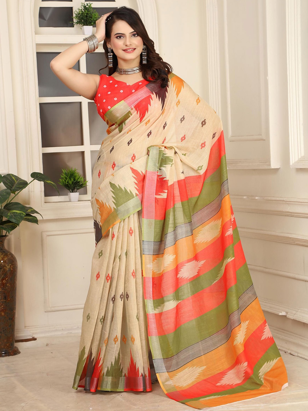 

KALINI Zari Linen Blend Khadi Saree, Cream